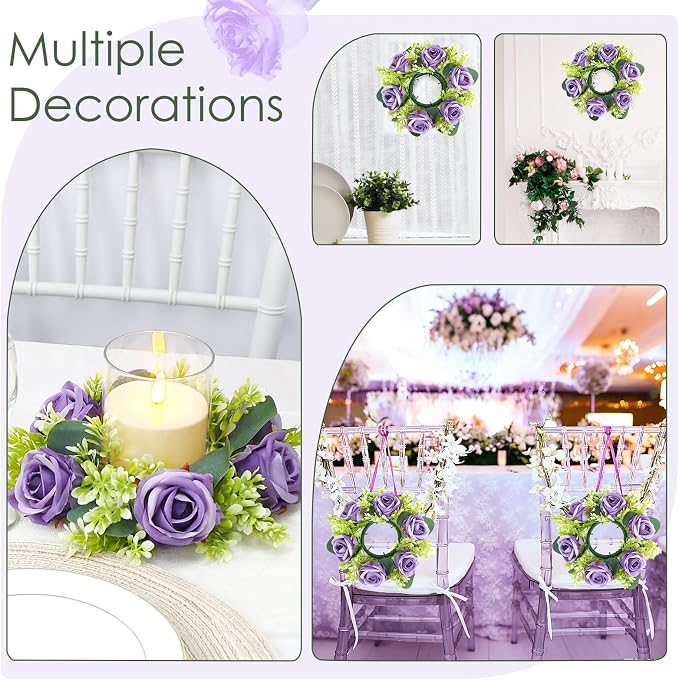 Purple Rose Candle Rings with Flameless Candles Sets - 12PCS Artificial Flower Eucalyptus Wedding Centerpiece 3 Inch Pillar Candleholders Wreaths for Wedding Party Decor (Purple - 6 Sets)