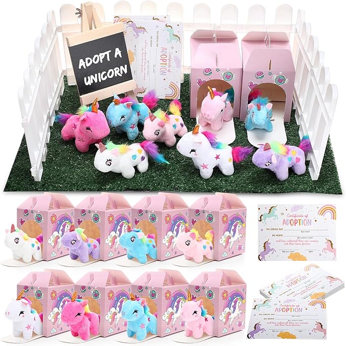Blueweenly 84 Pcs Adopt a Pet Party Supplies 24 Mini Animals 10 White Plastic Fence 24 Paper Gift Boxes 24 Adoption Cards with Mini Chalkboard and Artificial Lawn(Unicorn)