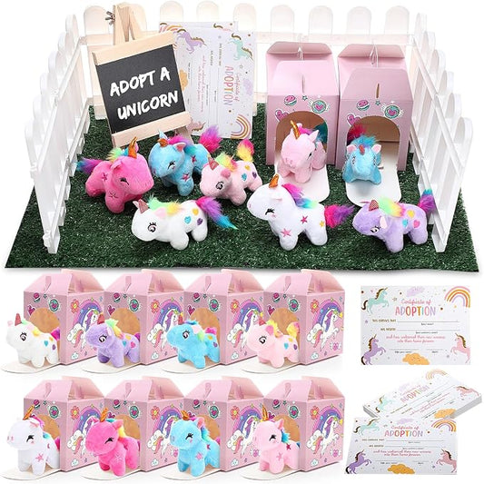 Blueweenly 84 Pcs Adopt a Pet Party Supplies 24 Mini Animals 10 White Plastic Fence 24 Paper Gift Boxes 24 Adoption Cards with Mini Chalkboard and Artificial Lawn(Unicorn)