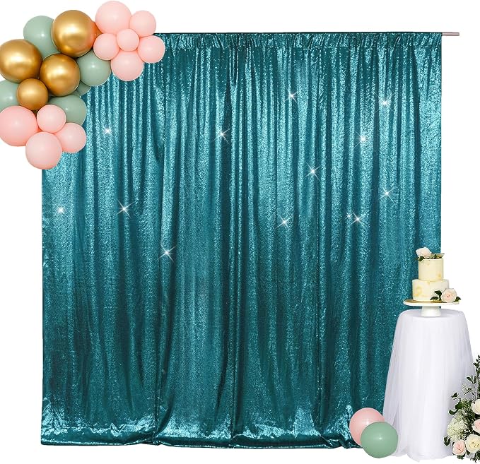 SquarePie 8x8ft Teal Sequin Backdrop for Photography, Satin-Backed Real Sequin Curtain, Enhanced Coverage Shimmering Background with 4" Rod Pocket for Wedding, Birthday, Party Decor, 1 Panel