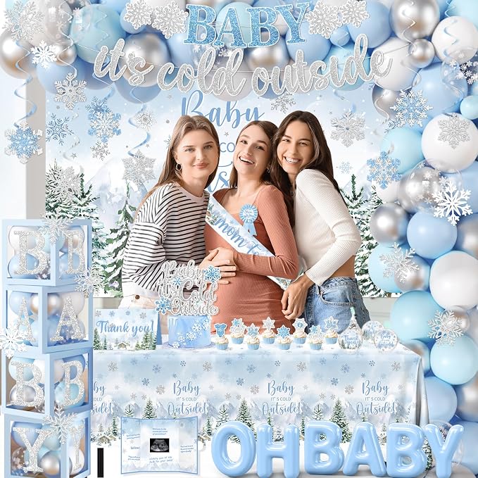 Baby It’s Cold Outside Baby Shower Decorations, Blue Winter Baby Shower Decorations for Boy Winter Woodland Tablecloth Banner Backdrop Balloon Box Cupcake Topper Hanging Swirl for Boy Gender Reveal