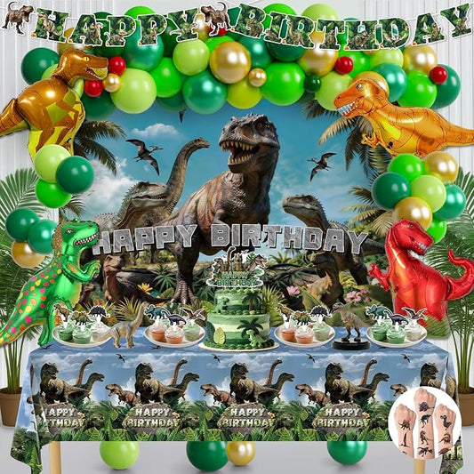Dinosaur Birthday Party Decorations for Boys, Dino World Birthday Decorations Include Dinosaur Balloons, Banner, Backdrop, Cake Topper, Stickers for Kids, Tablecloth for Dinosaur Themed Party upplies