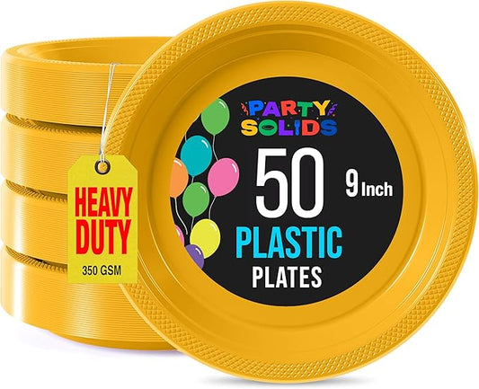 Exquisite Party Solids Yellow Plastic Plates For Party Supplies 9" Yellow Disposable Plates Heavy Duty 50 Pcs Plastic Dinnerware Sets Heavy Duty 350 GSM Disposable Dinnerware Set