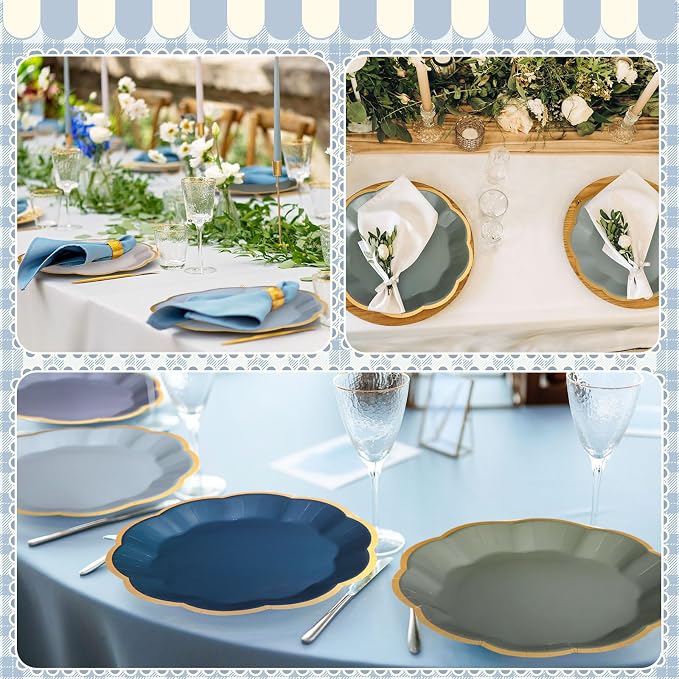72 Pcs Dusty Blue and Sage Green Color Paper Plates 9 Inch Green Blue Gradient Scalloped Paper Disposable Dinner Dessert Plates for Birthday Wedding Bridal Party Supplies, 6 Colors