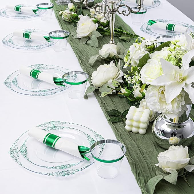 Hioasis 175pcs Clear and Green Plates - Green Party Plates for 25 Guest, Include 50 Heavy-duty Plates(20% Thicker Than Standard), 25 Pre Rolled Gold Plastic Silverware Set, 25 Cups