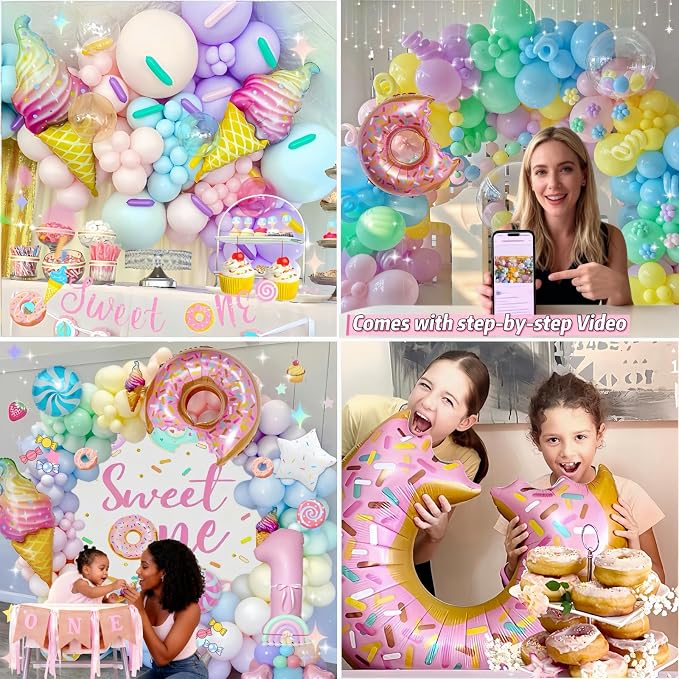 Daidle 1st Birthday Decorations for Girl, 128pcs Sweet One Birthday Party Decorations, Balloon Boxes, Party Backdrop, Photo Banner, Donuts Ice Cream Candy Balloons Garland