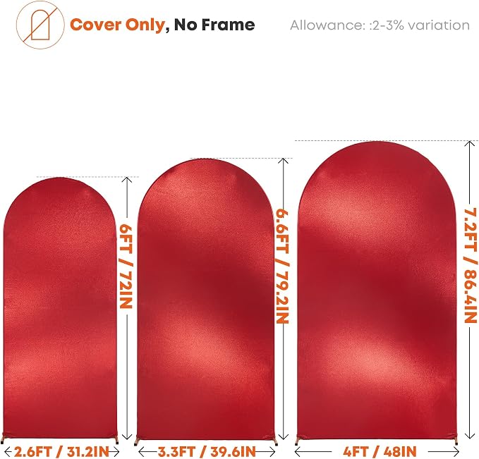Shimmer Red Arch Backdrop Cover Set of 3 (6 6.6 7.2FT) with Zipper,Thick Soft Stretchy Sequin Glitter Spandex Fitted Chiara Cover for Wedding Birthday Graduation Party Photo Backdrop
