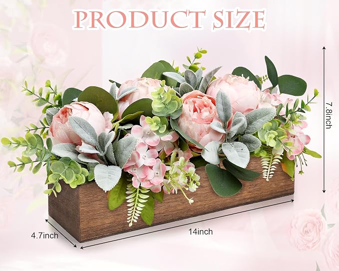 Pink Floral Centerpieces for Table, Pre-Made Artificial Peonies Hydrangea Centerpieces for Dining Table Wood Fake Flower Decorations for Wedding Living Room Party Bar Kitchen Table
