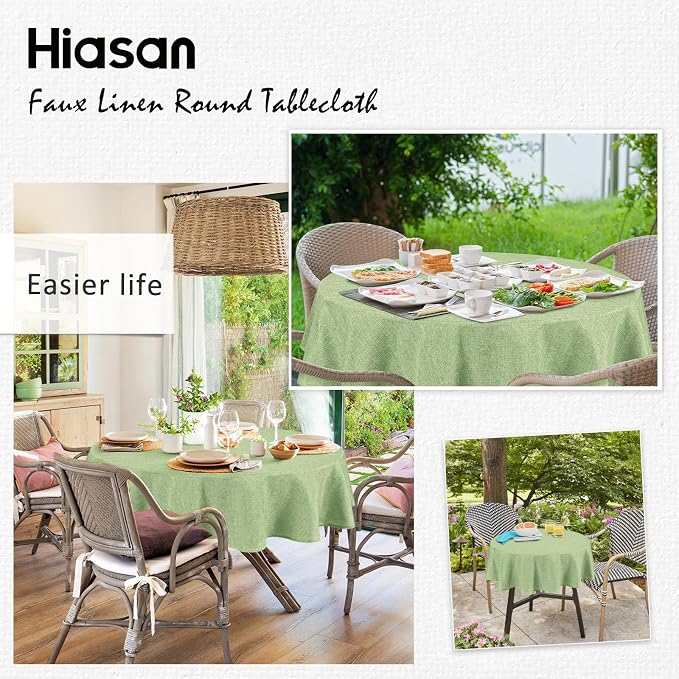Hiasan Linen Textured Tablecloth 50 Inch Round - Wrinkle and Stain Resistant Washable Farmhouse Table Cover for Dining Kitchen Party Outdoor, Sage Green