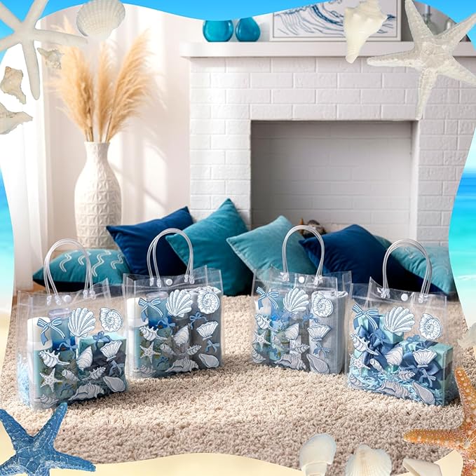 Teenyyou 24 Pcs Ocean Seashell Beach Gift Bags with Handles Starfish Shell PVC Gift Bags Candy Treat Tote Party Favor for Birthday Party Supplies