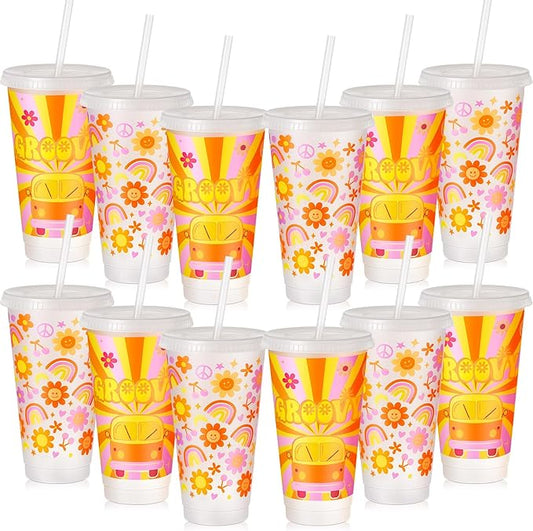 Uiifan 12 Pcs Groovy Plastic Cups Groovy Party Decorations Plastic Tumbler with Lid and Straw 24oz Reusable Boho Retro Hippie Cups for Hippie Birthday Party Wedding Decorations
