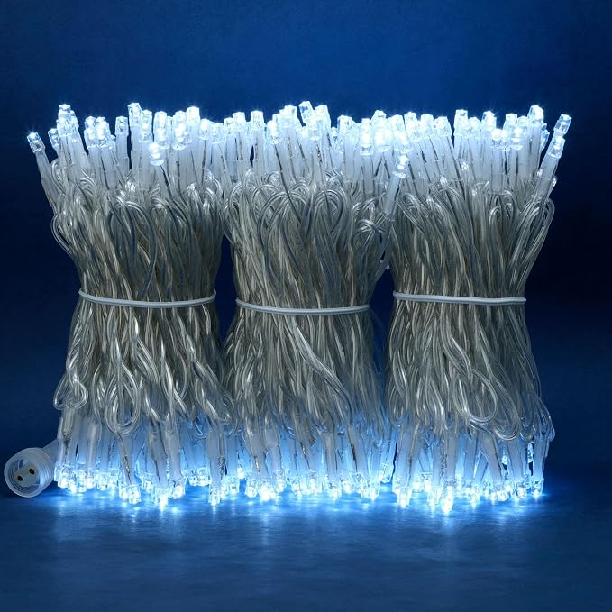 YULETIME 300 Cool White String Lights, 100 ft Clear Wire 8 Models 5mm LED | Wide Angle Bulbs, Safe 29V Adapter, Multimode Lighting, Connectable, 100' Total Length, 1-Strand 300 Lights, 4" Spacing