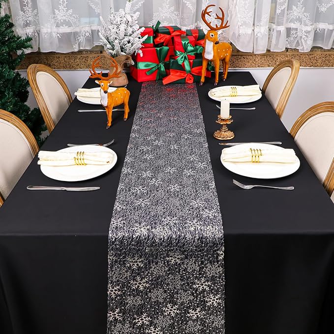 Snowkingdom 2 Pcs Christmas Snowflake Silver Table Runner 108 Inch Sparkly Silver Glitter Metallic Runners Decorations for Seasonal Winter Festival Holiday Home Party