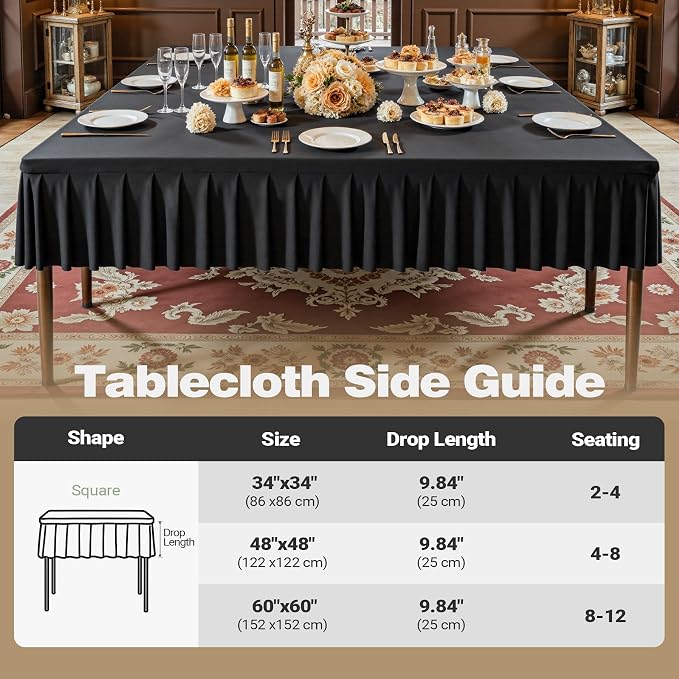 Shillance 60x60 Inch Black Spandex Square Tablecloth 2 Pack,Wrinkle Free Black Fitted Table Cloth for Square Tables,Washable Pleated Table Cover for Wedding Birthday Cocktail Party Buffet Dinner