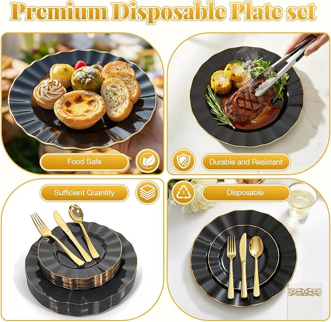 Glowserve 175 Piece Disposable Plastic Plates Dinnerware Set for 25 Guests | 50 Plastic Plates,25 Silverware Set,25 Cups and Napkins,Party Wedding Birthday,Family Gathering,Fancy Plastic Plates