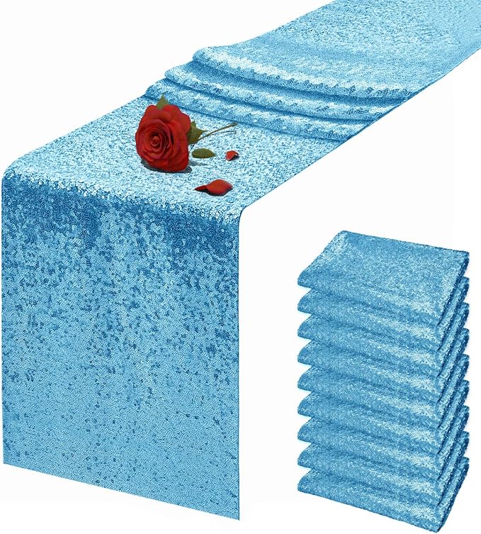 10 Packs 12 x 72 inches Blue Sequin Table Runner, Glitter Runner for Birthday Party Supplies Wedding Holiday Celebration Baby Shower Engagement Anniversary Decor