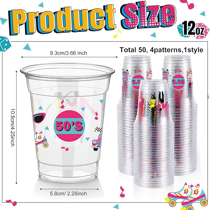 FoldTier 50 Pcs 50s Cups 12 oz Plastic 50s Back to 50s Cups Clear 50s Disposable Cups 50s Theme Drinking Cups for Home Party Back to the 50s Theme Back to 50s Favors Supplies Decoration (50s)