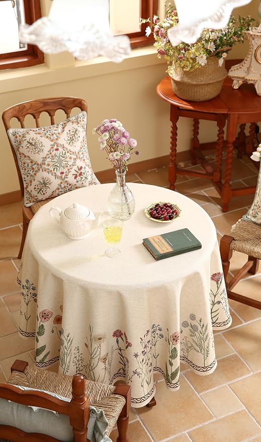 ISAENNE Designer Linen Round Tablecloth,Diameter 67"-Serenity G | Vintage Elegant French Floral Durable Table Cloth,Light Beige,Decor,Heavyweight,Dining Room,Tea Party,Kitchen,Thanksgiving