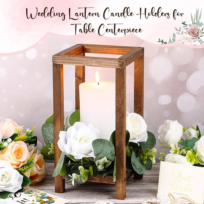 Geelin 10 Pcs Wooden Wedding Lantern Centerpiece Candle Lantern Table Wooden Candle Holder Decorative for Wedding Party Table Valentine Decor(10.59 in,Brown)