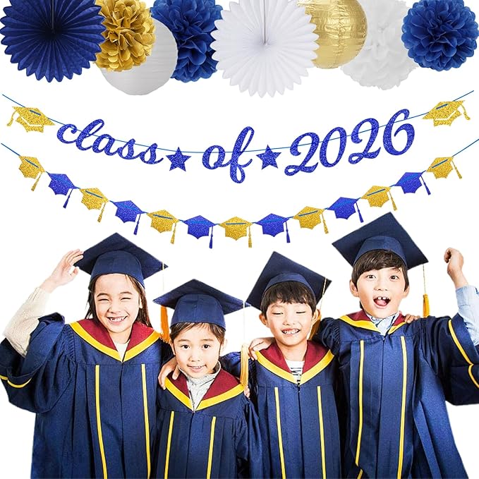 Navy-Blue White Gold Graduation Party-Decorations Garland - 31pcs Congrats Grad Class 2026 Banner,Hat Hanging Streamers,College High School Congratulations Masters Classroom Backdrop Decor Burgleda