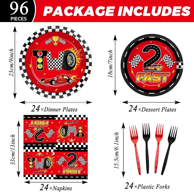 96 Pcs Race Car 2nd Birthday Party Supplies Hot Car Checkered Tableware Set Two Fast Table Decoration Racing Themed Plates Napkins and Forks for 2nd Boys Kids Birthday Baby Shower Serve 24