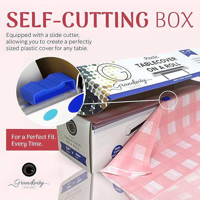 Grandipity Plastic Tablecloth Roll - 54in x 300 Ft. Pink Gingham Plastic Table Cloths for Parties Disposable with Cutter Box - Cut to Size Disposable Tablecloth Table Cover for Rectangle & Round