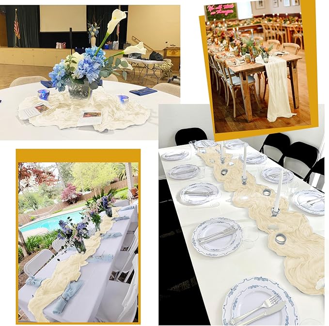 24 Pack Ivory Table Runner 10Ft Cheesecloth Table Runner Rustic Gauze Table Runners Romantic Long Cream Sheer Fabric Cheese Cloth Table Runners for Wedding Party Bridal Baby Shower