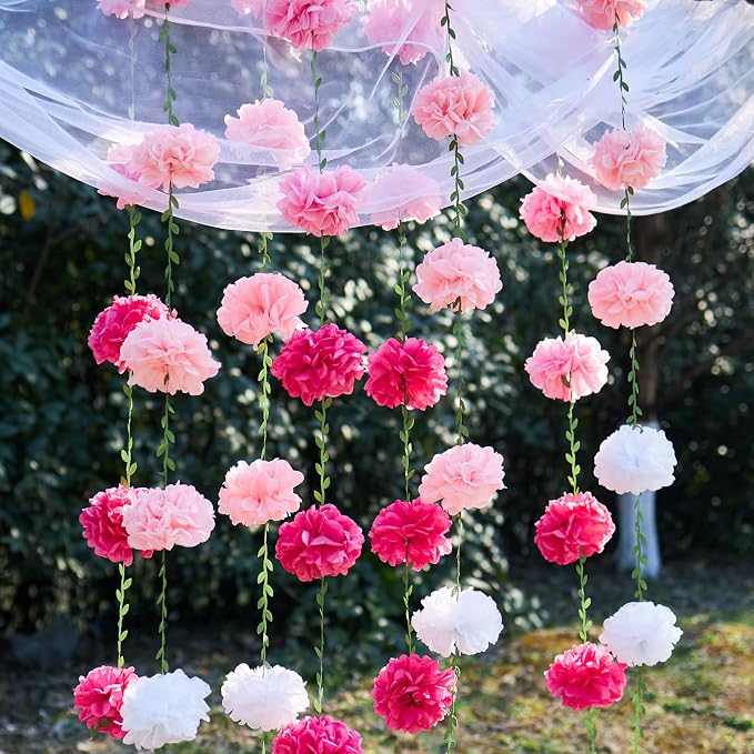 Gradient Pink Tissue Paper Pom Pom Garlands, Paper Flowers for Birthday Decorations, Baby Shower, Wedding Engagement, Bridal Shower, Spring Summer Party Decorations, 4 Pcs