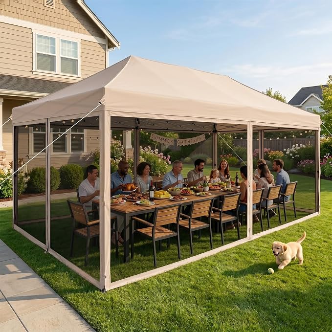 10x20 Pop Up Canopy Tent with Mosquito Netting, Ez Up Portable Waterproof Instant Outdoor Screen Shelter, Pop Up Tent for Patio, Backyard, Parties, Camping and Events, Beige