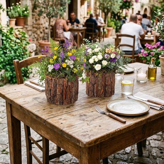 6 Set Wooden Vase for Centerpieces Wedding Flower Table Centerpieces Decor Rustic Bark Stump Bucket Farmhouse Wood Planter Pot for Woodland Party Window Home (Flower Foam,Large)