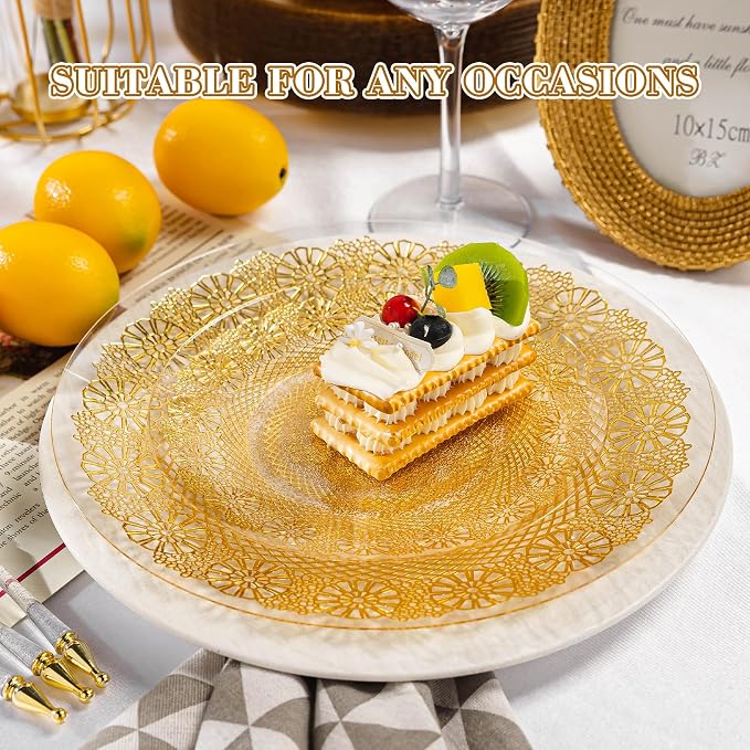 HOMIP 120PCS Clear Gold Plastic Plates with Gold Lace Design, Disposable Retro Plates Include 60PCS 10" Dinner Plate & 60PCS 7" Dessert Plate Perfect for Party Wedding and Holiday