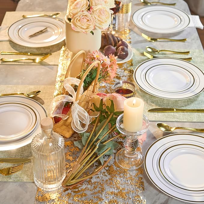 Fijinhom 350 Pieces Gold Disposable Plates for 50 Guests, Disposable Plastic Plates for Party, Wedding, Dinnerware Set of 50 Dinner Plates, 50 Salad Plates,50 Cups and 50 Paper Napkins, Gold