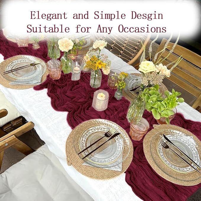 16 Pack Burgundy Cheesecloth Table Runner 20 x 120 inch Gauze Table Runners 10 FT Long,Semi Sheer Boho Cheese Cloth Fabric Table Runner Bulk for Party,Wedding,Baby Shower,Bridal Shower Decoration