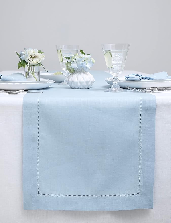 Solino Home Linen Sky Blue Table Runner 144 Inches Long - 100% Pure Linen Extra Long Table Runner 14 x 144 Inch for Spring, Summer, Mothers Day - Classic Hemstitch