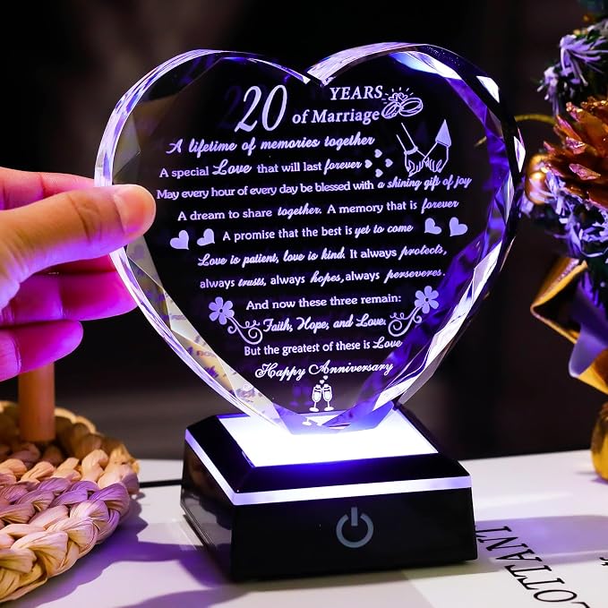 Arikyrist 20th Anniversary Crystal Heart Gifts for Wife Husband, Laser Engraved Romantic 20 Year Wedding Anniversary Keepsake Gifts Ideas for Her Him, 20 Years of Marriage Gift for Couples Friends