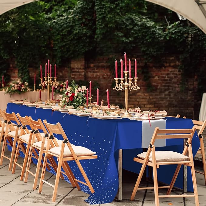 16Pack Disposable Plastic Tablecloths and Satin Table Runner Set Blue and Silver Dot Tablecloth Silver Satin Table Runner for Wedding Birthday Baby Shower Anniversary Christmas New Year Party Supplies