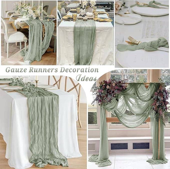 12 Pack Sage Green Cheesecloth Table Runner, 10FT Spring Boho Gauze Green Cheese Cloth Table Runner 35 x120 Inch Semi Sheer Long Runner for Table Wedding Party Banquet Baby Shower Birthday