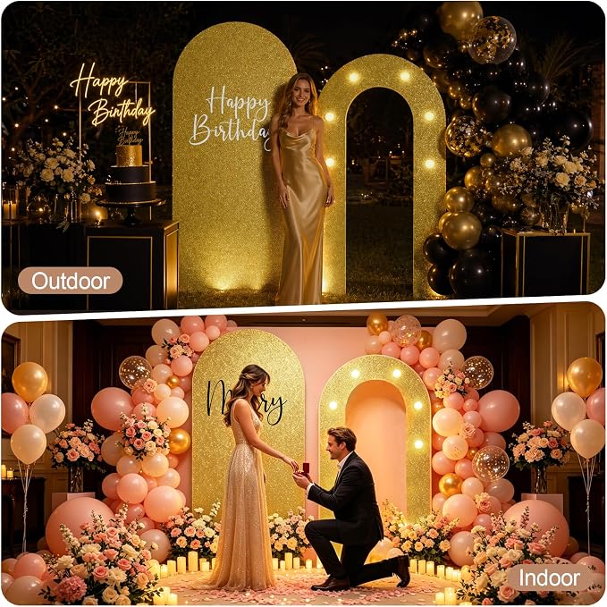 6FT Arch Backdrop with Stand Set, Lighted Arch Set, No-Tip Stability Glow Foam Board Photo Booth Background for Wedding Birthday Party Ceremony Baby Shower Banquet Decoration Reusable - BlackGold