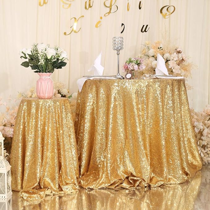 Juya Delight 90'' Round Gold Sequin Tablecloth for Wedding Birthday Party Festival Ceremony Dessert Table