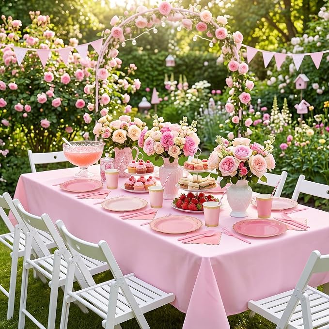 Vesici 452 Pcs Pink Party Supplies Set for 50 Guests 9'' 7'' Paper Plates Napkins Tablecloths 9 oz Cups Cutlery Straws Disposable Tableware for Girls Birthday Baby Shower Wedding Tea Party Decoration