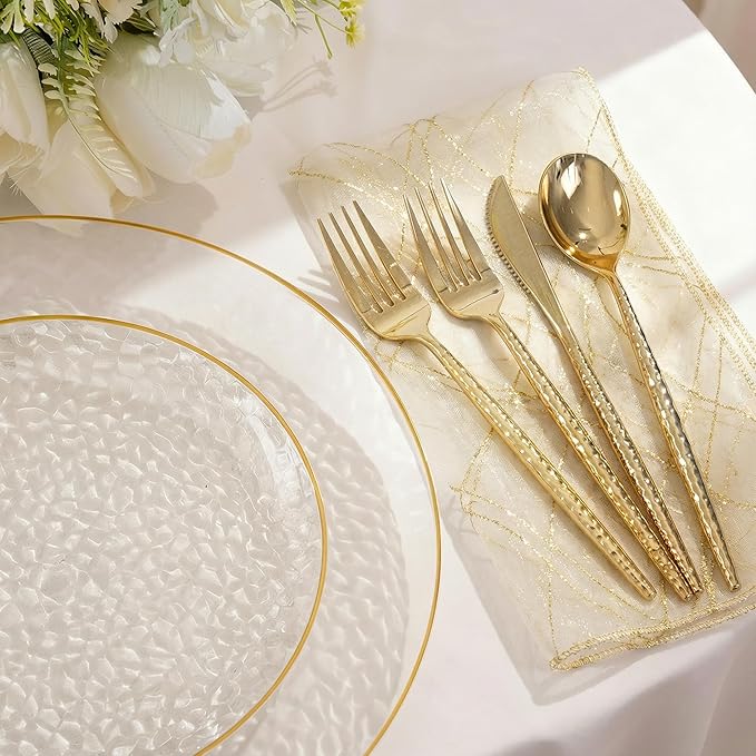 I00000 150Pcs Clear Plastic Plates with Gold Rim,Clear Disposable Plates with silverware,Gold hammer patterned plates Set include 30 Dinner Plate,30 Dessert Plate,90 Silverware Set for Party