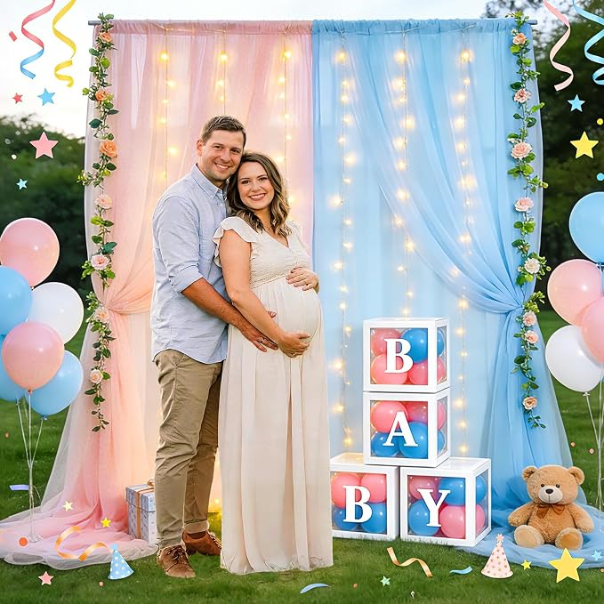 Ledido 10×10ft Pink Blue Tulle Backdrop Curtains with Lights String - 300LED Fairy Lights Sheer Curtain Backdrop for Gender Reveal Baby Shower Photo Shoot Birthday Party Decoration(2 Panels 5×10ft)