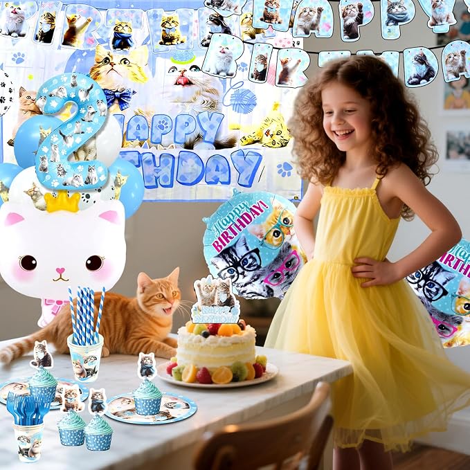 142Pcs Cat Birthday Decorations, Cat 2nd Birthday Party Supplies, Cat Birthday Party Decorations Include Plates Cups Napkins Tablecloth Balloons Cake Toppers for Kids Party