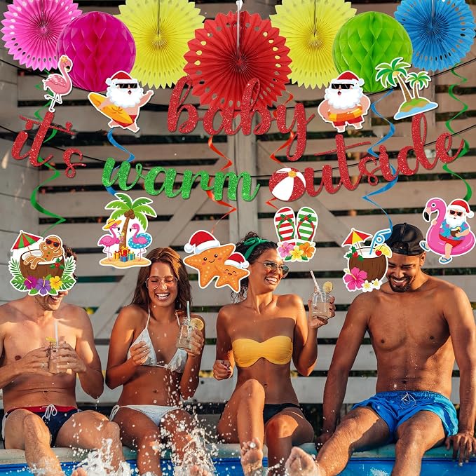 Rakuto July in Christmas Party Decorations, 18PCS Summer Santa in July Beach Banners Hanging with Swirls Decoration, Mele Kalikimak Paper Fans Poms and Honeycomb Centerpieces Decor Supplies