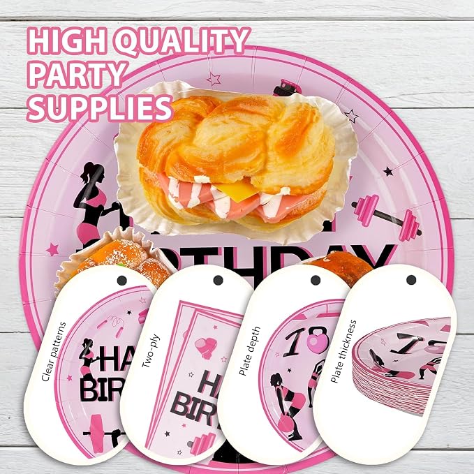 96Pcs Gym Happy Birthday Party Decoration Black and Pink Work Out Weight Plates and Napkins Disposable Weightlifting Equipment Tableware Set for Bodybuilding Girl Birthday Party Supplies Serves 24