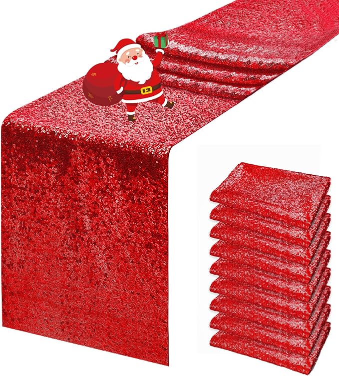 10 Packs 12 x 72 inches Red Sequin Table Runner, Glitter Runner for Birthday Party Supplies Wedding Holiday Celebration Baby Shower Engagement Anniversary Decor
