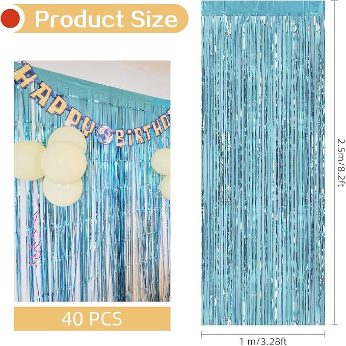 40 Pack Blue Foil Curtain Backdrop Metallic Tinsel Foil Fringe Curtains Photo Booth Props for Birthday Party Decoration Christmas Holiday Halloween New Year Party Supply, Blue