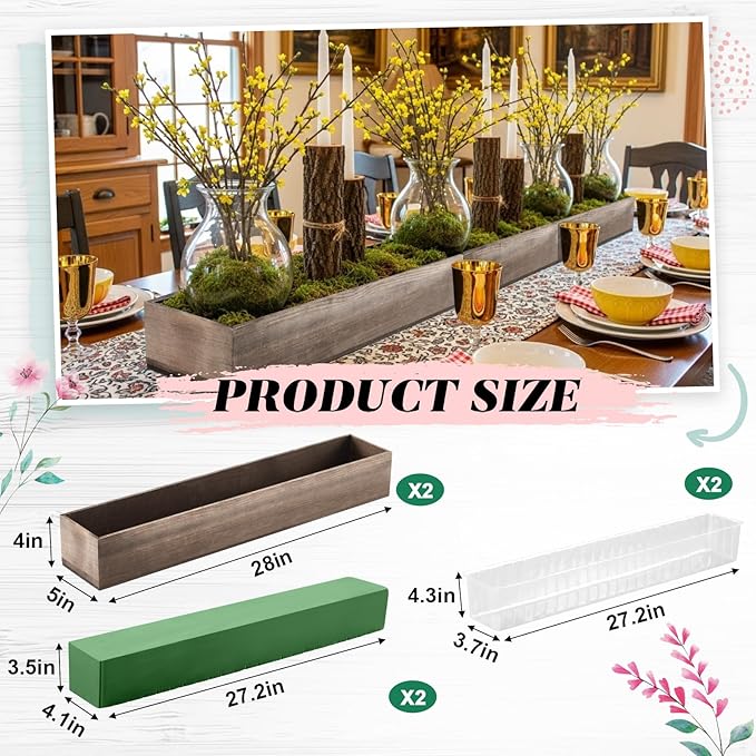 Dandat 2 Set Wood Boxes for Centerpieces 28x5 Inch Rectangle Wooden Planter Box Rustic Wooden Planters with Removable Plastic Liner Floral Foam Blocks for Christmas Wedding Home Garden Decor(Brown)