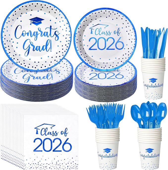 350pcs Class of 2026 Graduation Plates and Napkins Set, Disposable Paper Plate Set Polka Dots Napkins Cups Knife Fork Spoon for Graduation Party Decorations and Supplies,Serve 50 (White Blue）