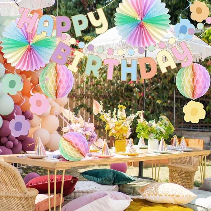 Pastel Birthday Decorations，Macaron Happy Birthday Banner， Pastel Honeycomb Balls, Flower Swirls, Garland, Hanging Paper Fans Decoration for Easter Party